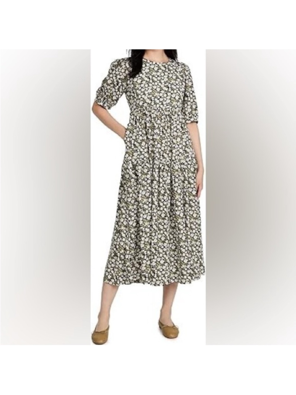 En Saison Floral Short Sleeve Dress, Black White and Green with Pockets